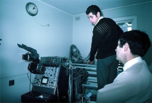 Ian Shepherd, Jack Jellins doing transducer lineup on breast scanner, Royal North Shore Hospital (1969)