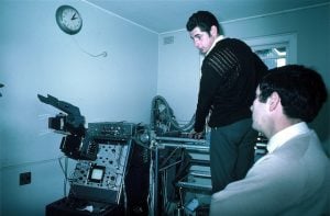 Ian Shepherd, Jack Jellins doing transducer lineup on breast scanner, Royal North Shore Hospital (1969)