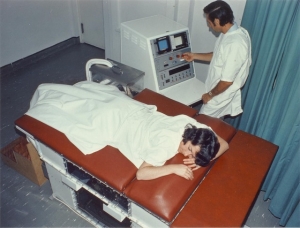 George Radovanovich scanning Kaye Griffiths with the Research Octoson, RHW (1975)