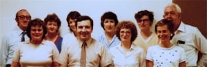 DMU Board of Examiners (1978). Back row: Dr Jim Ryan, Ms Clare State, Ms Pam Craig, Ms Kaye Griffiths, Ms Susan Joels, Dr Peter Verco. Front: Mrs Margaret Tabrett, Dr Jack Jellins, Mrs Sue Davies, Ms Sue Duffield.