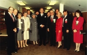 ASUM and WFUMB Councils at the 1985 WFUMB Congress in Sydney. From left: Dr “Tommy” Thompson, Prof Tom Reeve, Mrs Mary-Jo Reeve, Mrs Nancy Garrett, Prof Barry Goldberg, Lady Stephen, Dr David Robinson, Sir Ninian Stephen (Governor General of Australia), Dr Jack Jellins, Dr Bill Garrett, Dr Christopher (“Kit”) Hill, Dr Marjorie Kossoff, Dr George Kossoff, Ms Maureen Varga.
