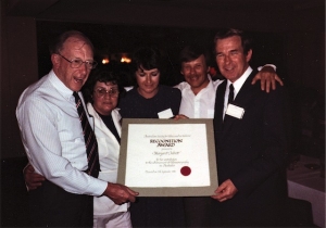Prof Tom Reeve, Mrs Margaret Tabrett, Ms Kaye Griffiths, Dr George Kossoff, Dr John McCaffrey (ASUM President) (1984)
