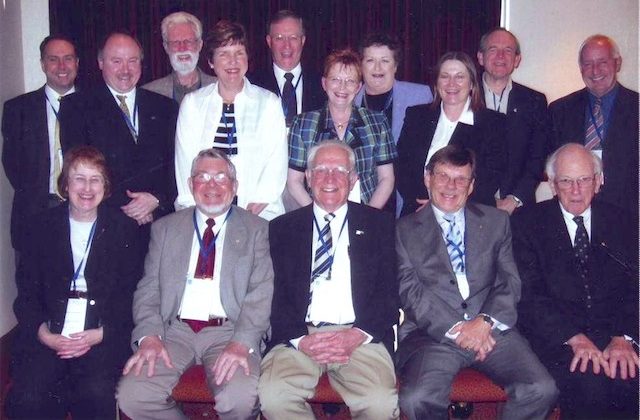Presidents of the Society (S) and the Ultrasonographers Group (UG) (1990) Back row: Dr. David Rogers (S), Dr. Glen McNally (S), Mr. Michael Dadd (S), Dr. Sue Woodward (S), Dr. Peter Warren (S), Mrs. Sue Davies (UG), Ms Kaye Griffiths AM (UG), Ms Maureen Varga (UG), Dr. David Carpenter (S), Mr. Roy Manning (UG). Front row: Dr. Beverley Barraclough (S), Dr. David Robinson AM (S), Dr. William Garrett AM (S), Dr. George Kossoff AO (S), Prof. Thomas Reeve AC, CBE (S).